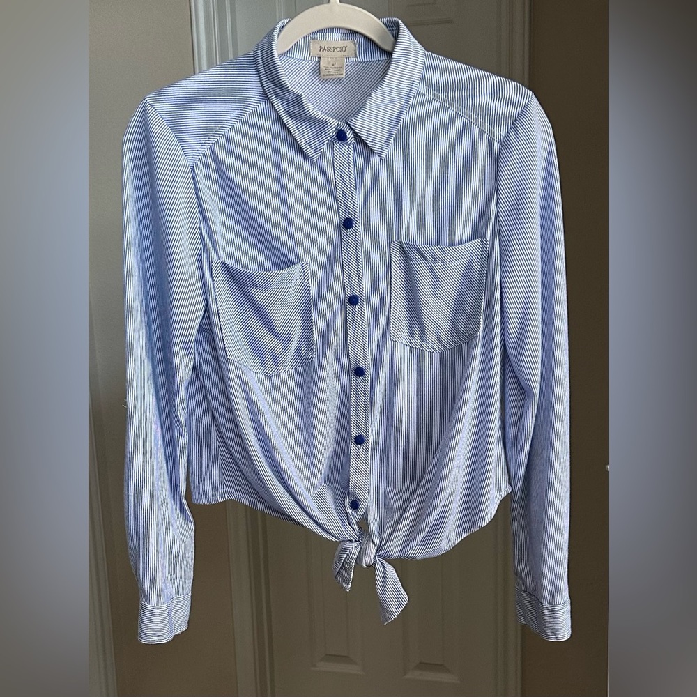 Passport Blue and White Striped Tie-Front Crop Top